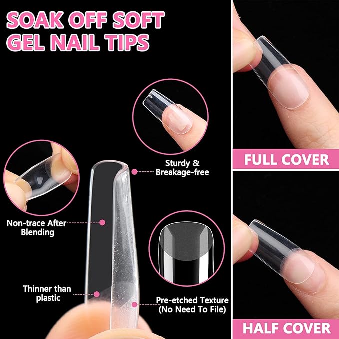 Medium Square Gel Nail Tips Extension, 240PCS Clear Soft Gel Full Cover Nail Tips, M Square Press On False Nail Tips for Salons, and DIY Nail Art at Home (12 Sizes)