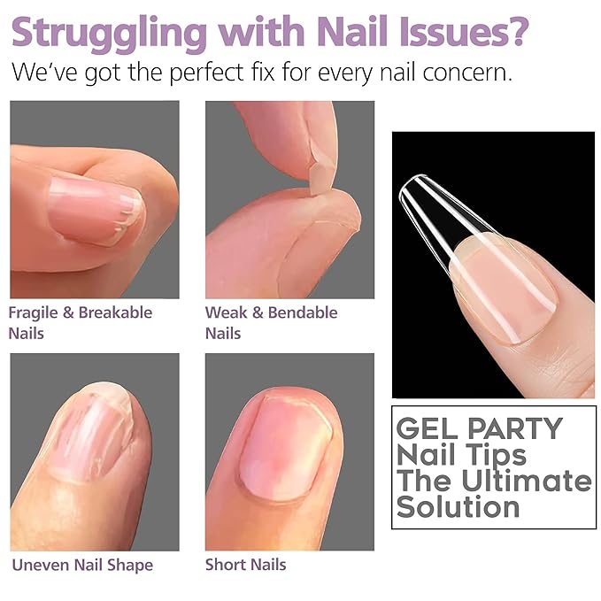 GELPARTY Soft Gel Nail Tips Long Coffin - 240Pcs Pre-Buffed Matte Full Cover Tips - No Filing Needed, Soak Off Gel Extension System - Clear Ballerina False Nails (12 Sizes)