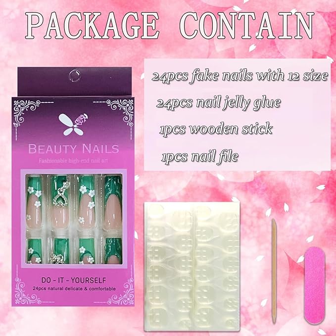 Press on Nails Coffin Long Length Acrylic Glossy Full Cover Square Shaped French False Nails with Designs Artificial Extra Long Fake Nails with Charms Glue ons Fingernails for Women(C142)