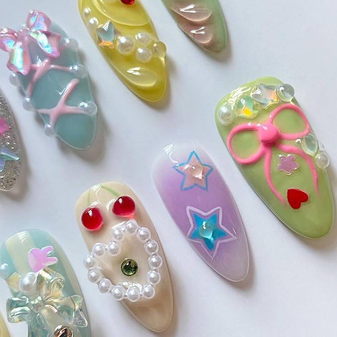 Luxury Press on Nails Cute Short Almond Handmade Nails 3D Unique Reusable ABS Material Fake Nails Bow Star Heart Pearl Charm False Nails with Designs Glossy Thick Acrylic Nails(M)