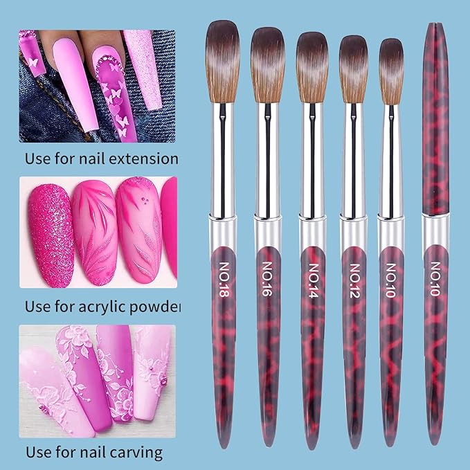 5PCS Professional Acrylic Nail Brush Set - Size 10/12/14/16/18 Brushes for Acrylic Powder Application, 3D Carving & Nail Art Extension, Leopard Print Handle Nail Tools for Salon Manicure