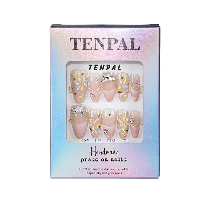French Pink Nails Handmade Press on Nails Short Almond Acrylic Nails Press Ons with Fireworks Flower Butterfly Chain Designs Reusable Cat Eye Artificial Fake Nails Full Cover Glossy(M)