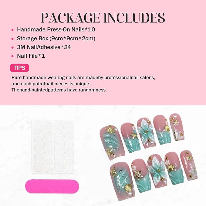 Luxury Handmade Press on Nails Medium Square Fake Nails Blue French False Nails with Ombre 3D Flower Art Design Acrylic Nails Handmade Stick on Nail for Women Manicure 10Pcs (Size M)