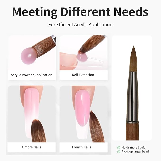 100% Pure Kolinsky Hair Acrylic Nail Brush Sandalwood Handle Professional Manicure Brushes for Powder Nail Acrylic Application - Salon & DIY Nail Art Essentials - Size 14, 1.0 Count