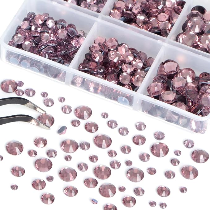 Bymitel Hotfix Crystal Rhinestones Round Gems for Crafts,Mixed 6 Sizes with Wax Pencil Kit, Lt. Amethyst 1.6-6.3mm SS4-SS30/8000pcs