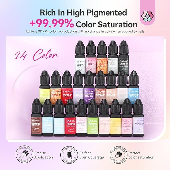 SAVILAND Airbrush Gel Nail Polish - 2026 Must Have 24 Colors, Dilution-Free & Non-Acetone for Gradients & Blush Nails, High Saturation for Layered Art, Home & Salon Nail Set