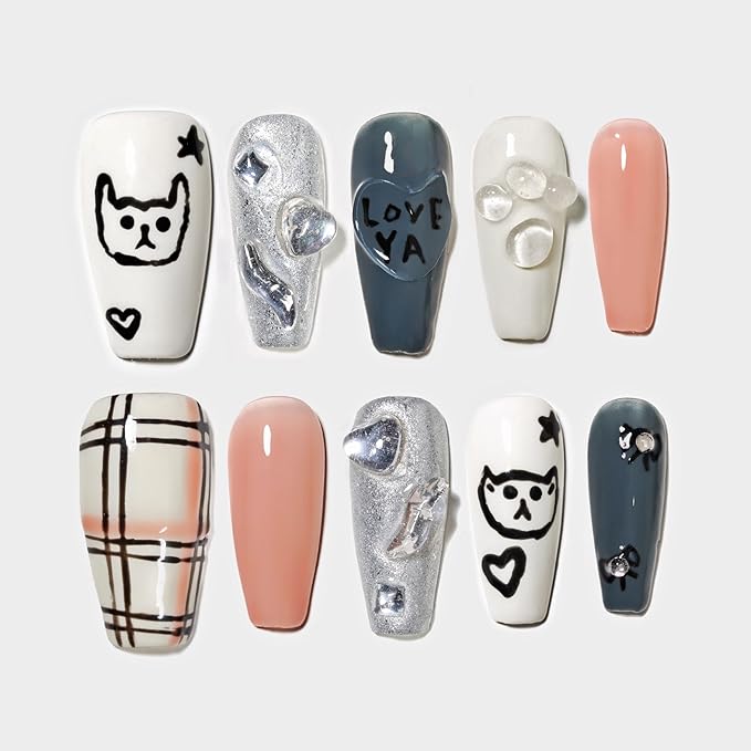 Sun&Beam Nails Handmade Press-on Medium Long Coffin Ballerina White Pink False Nail Tips Hand-Painted Cat Dog Design Fashionable Artificial 10 Pcs Set (#150 M)