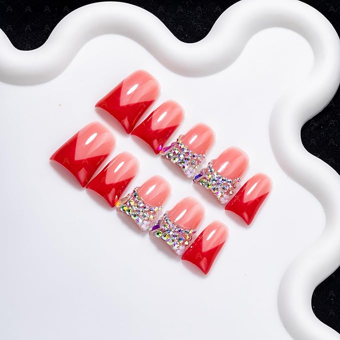 10 Pieces Luxury Y2K Acrylic Press On Nails Short Handmade Duck Nails, Red Thickened French False Nails With Bling Rhinestones, Reusable Fake Nails, Acrylic Nails (L)