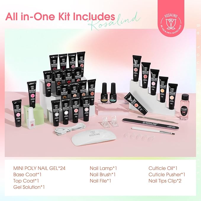 ROSALIND Poly Nail Gel Kit -24 Colors + Pink Brown with Accessories Clear Nude Poly Nails Gel Starter Kit with Mini UV Lamp Slip Solution Base Top Coat Nude Pink Extensions Set