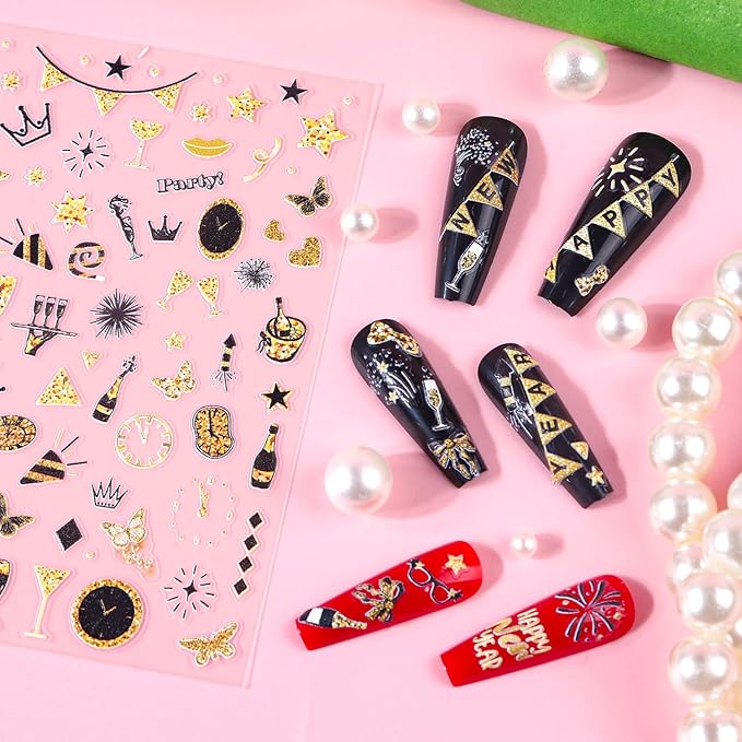 Keluna New Year Nail Stickers - 6 Sheets Happy New Year 2025 Nail Art Sticker, Glitter Gold Christmas Nail Decals, 5D Fireworks Champagne Eve Nail Decal Designs for Women Girls Manicure Decoration