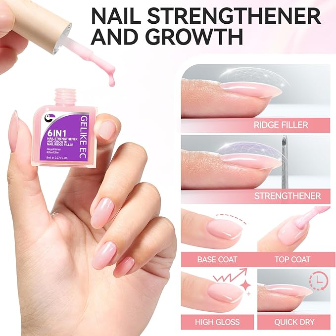 Nail Growth and Strengthener for Damaged Nails: Soft Pink Gelike EC Natural Nail Hardener Extra Strong and Growth - Long Lasting Nail Repair for Damaged Nails for Daily Work Home Salon