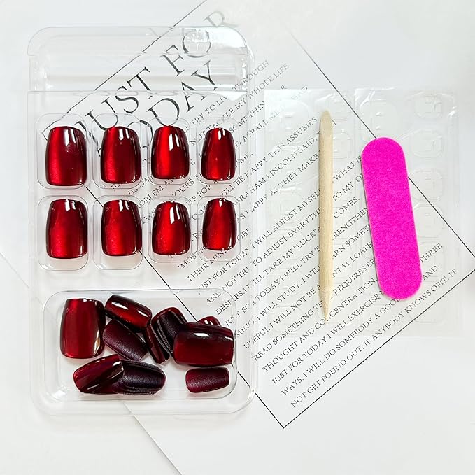 Red Cat Eye Press on Nails Short Square Fake Nails Glitter False Nails with Design Bling Glossy Glue on Nail Wine Red Gradient Acrylic Shiny Artificial Stick on Nail for Women Manicure 24Pcs