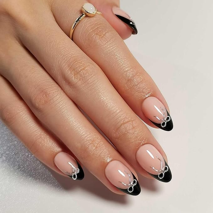 Press On Nails - Black Tie | Black French Tip Press on Nails with 3D Bow Design - Soft Gel Almond Fake Nails I 32 Nails, 16 Sizes Kit with Glue and Adhesive Tabs I Female Founded