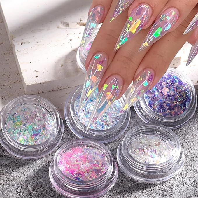 Holographic Mermaid Nail Sequins,6 Jars Chunky Glitter Colorful Fluorescent Glass Paper Iridescent Flakes Sticker for Makeup Decoration Women Party DIY Accessories Sequins Glitters Set