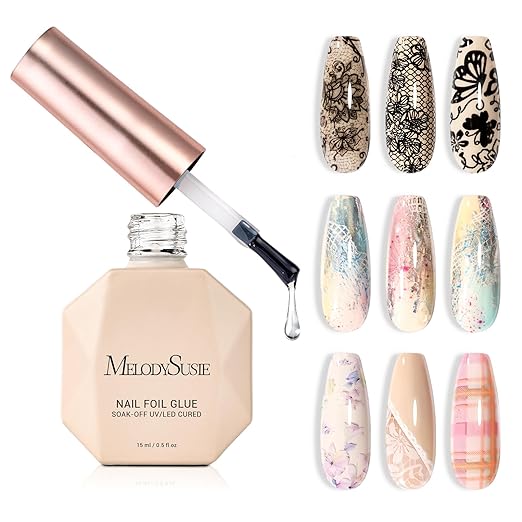 MelodySusie Nail Foil Glue Gel, 15ML Soak Off LED/LUV Foil Transfer Adhesive for Nail Art, Professional Strong Sticky Base for Nail Foils & Stickers, Need Cure with Nail Lamp