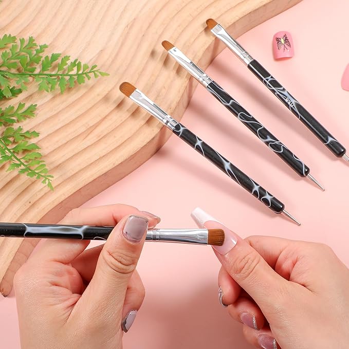 French Nail Brush Set, 4Pcs 2 Way Dotting Tool and French Tip Brushes Gel Acrylic Nail Art Design Pen Professional Manicure Tool Nail Clean Up Brush For Detailed Design, Size 10#,12#, 14#, 16#