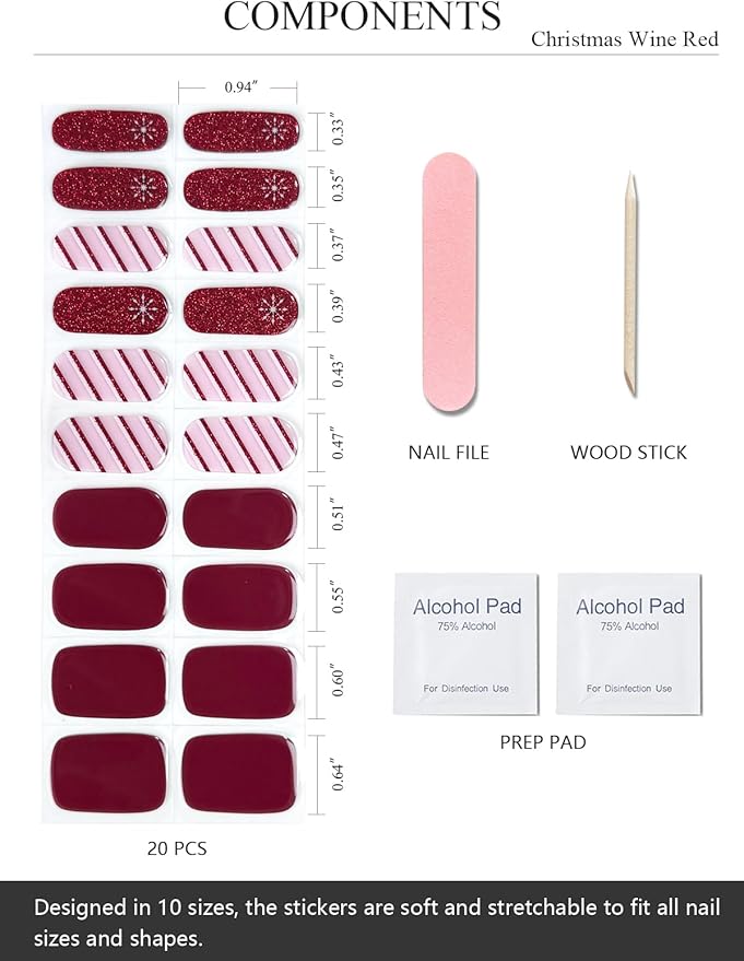 Semi Cured Gel Nail Strips (Christmas Wine Red), Christmas Wine Red, 20 Pcs Gel Nail Wraps, Stickers, Snowflake, Works with Any UV Lamps