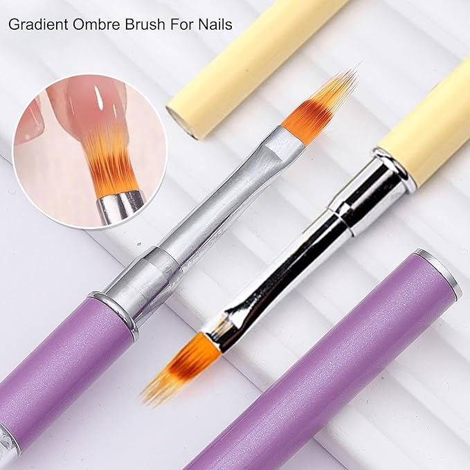 WOKOTO 4 Pcs Ombre Nail Brush For Gel Nails Silicone And Nylon Tips Nail Art Brushes For Acrylic Nails Nail Ombre Brushes Gradient Design Nail Polish Brushes For Nails Art Painting Pens Tools