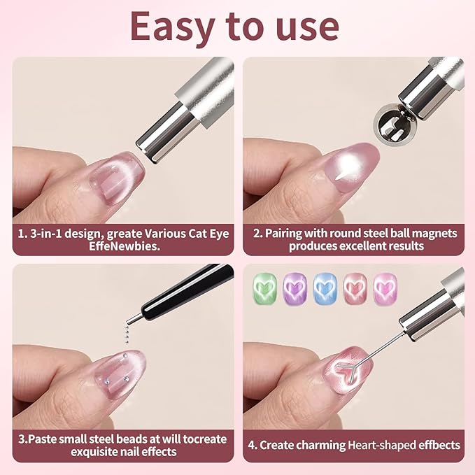4-Piece Cat Eye Magnet Set – Silver Dual-Ended Nail Magnet With Round Bead, Heart Nail Magnets for Nail Art, and Black Magnetic Bead-Pickup Pen, Magnet for Cat Eye Gel Polish DIY Nail Designs