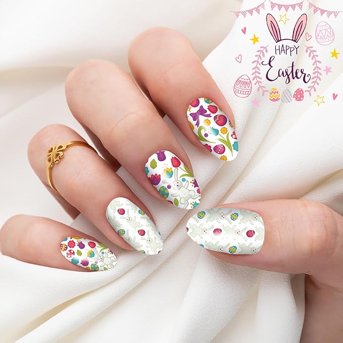 winthrop 12 Sheets Easter Nail Wraps Stickers Full Nail Polish Strips, DIY Self-Adhesive Nail Art Decals Cute Easter Eggs Bunny Rabbit Pattern Party Decor with 2 Pcs Nail Files (168 Pieces)
