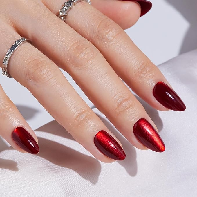 Press On Nails Almond - Findigit Cat Eye Press On Nails Short for Gifts, Cherry Red Stick On Nails with Glue, Glossy Natural Fit Nail Tips in 16 Sizes - 32 Soft