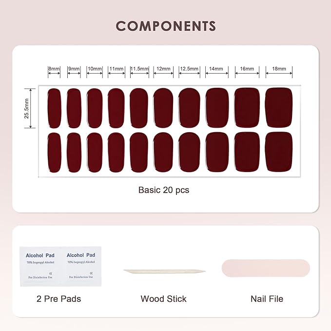 Semi Cured Gel Nail Strips – Real Gel Nails Polish Wraps for Brittle Nails | Long Lasting Easy Peel-Off Removal | Hema-Free | 20-Piece Solid Burgundy Salon Sticker Kit Kit with UV Lamps