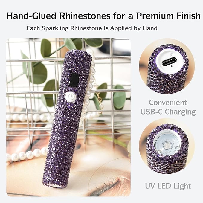 Handheld UV Nail Lamp with Sparkly Rhinestones, 3W Portable LED Nail Lamp, Wireless Rechargeable USB Nail Dryer with Silicone Stamper, LCD Display, Ideal for Home DIY Manicures (Purple)