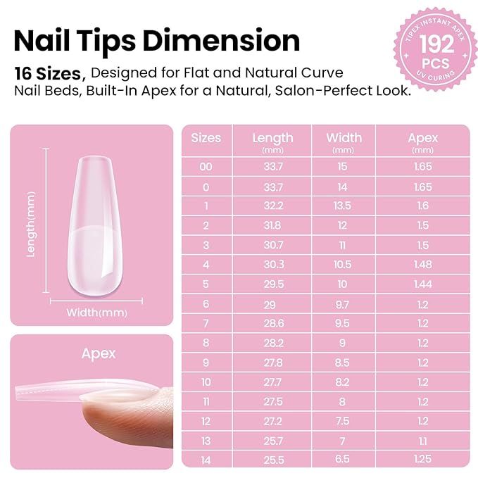 Beetles Tipex Lite Apex Nail Tips Kit, Coffin Long, 192pcs 16 Sizes,with UV Nail Glue, Base & Top Coat, Mini Nail Lamp, Nail Clipper & Cuticle Nipper,Pre-Building Pre-Etched Acrylic Tips Kit