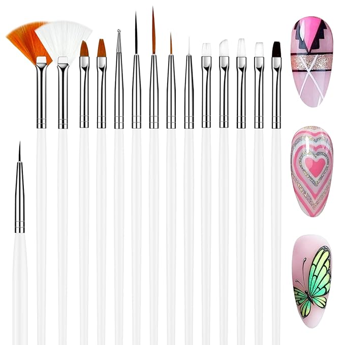 15pcs White Nail Art Brushes Set Nail Pen Designer Acrylic Nail Art Gel Painting Brushes Tool Dust Brush,Striping Brushes Dotting Tools for Long Lines Fan Brush Gel Polish Nail Art Supplies