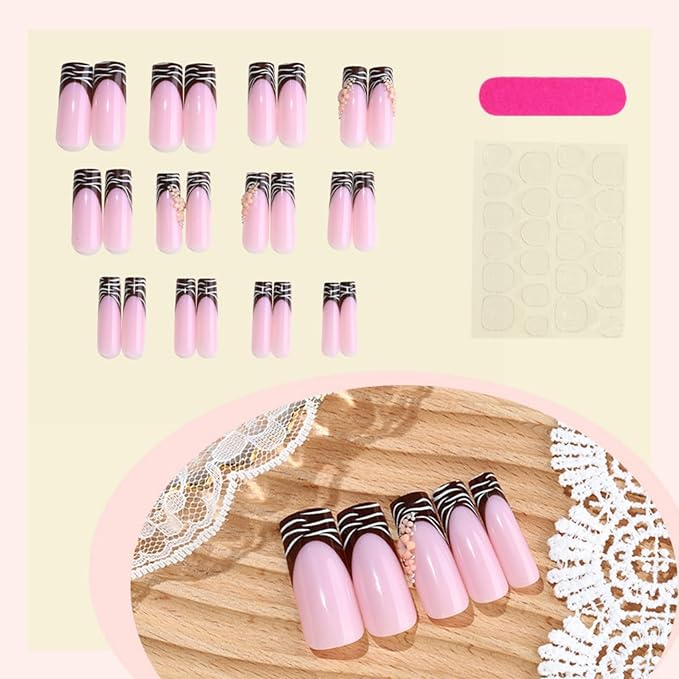 Long Square Press on Nails Fake Nails Artificial Nail Stick on Nail for Women Light Pink & Brown Nails with White 3D Flowers, Silver Accents and Striped Edges