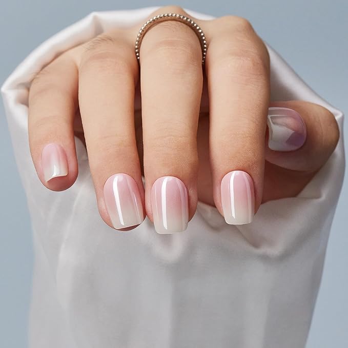 Press On Nails Short - Findigit Pink Glossy Press On Nail Ons Square, Chrome Glazed Glue On False Nails, Stick On Nails in 16 Sizes - 32 Soft Gel Fake Nail Kit, Pink Ombre Glazed
