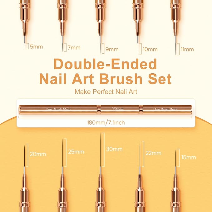 Nail Art Brushes, Double Ended 5PCS Rose Gold Striping Brush Nail Art Liner Brushes Nail Design Brushes for Long Lines, Tiny Details, Nail Brushes for Nail Art, Sizes 5/7/9/10/11/15/20/22/25/30