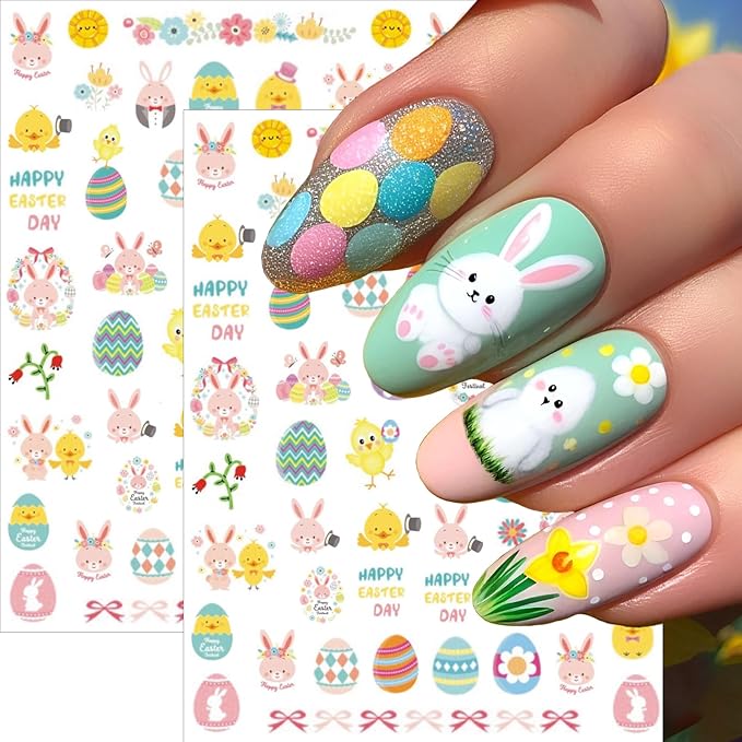 8 Sheets Easter Nail Stickers - 3D Self-Adhesive Easter Egg Bunny Chick Nail Decals - Cute Spring Holiday Nail Art Decorations for Girls Women Perfect Easter Basket Stuffers Gifts Party Favors