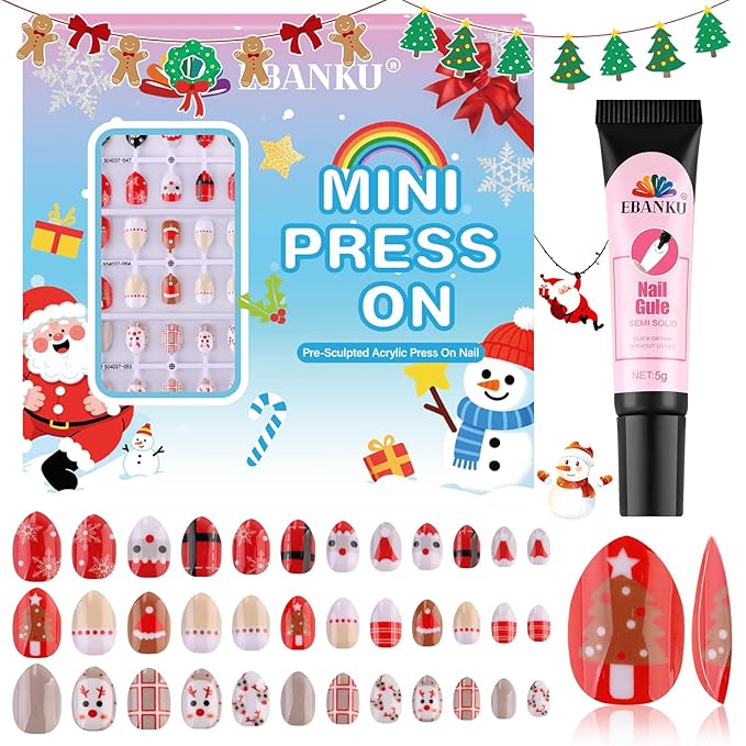 EBANKU Christmas Kid Press on Nails, 72Pcs Xmas Almond Fake Nails Kit Full Cover Christmas Theme Design False Nail with Nail Glue for Girl
