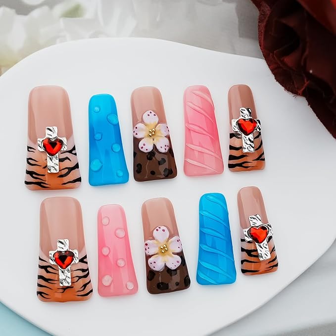 10Pcs Press on Nails Long Handmade Duck Fake Nails 3D Charms Brown Tiger Stripes Flower False Nails Blue Pink Colorful Acrylic and Multi-Layer Gel Stick on Nails (Tame the Wild Heart,M)