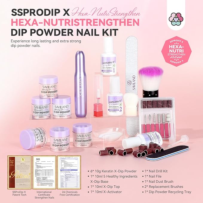 SAVILAND Dip Powder Nail Kit with Drill: 6 Color Winter Dip Nails Powder Starter Kit Pink Nude Glitter Clear with Liquid Set Base Top Activator French Manicure Beginner DIY Home Christmas Gift