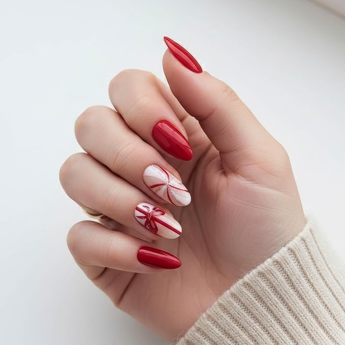 Press On Nails Almond Christmas, Press on Nails Short, Glue On Nails for Women Gift, Supremely Fit Natural Reusable Stick On Nails in 12 Sizes -24 Fake Nails Kit, Ribbon Snowflake