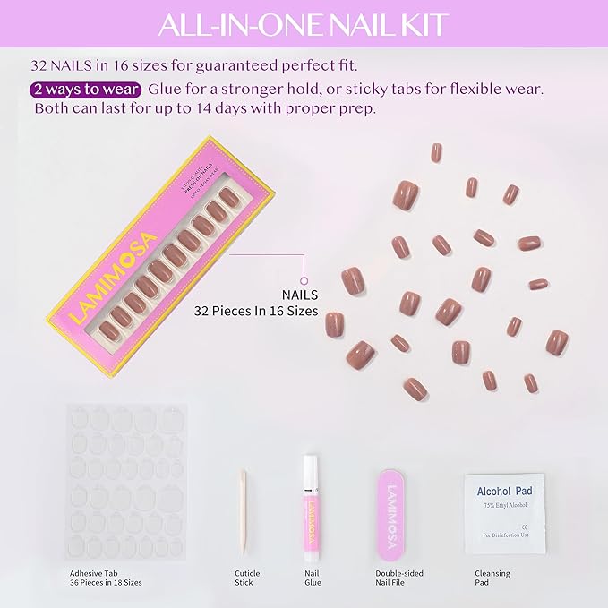 LAMIMOSA 32Pcs Clay Blush Press On Nails Short Square – Soft Gel Fake Nails in 16 Sizes, Mauve Glue on Nail kit, CLAY BLUSH