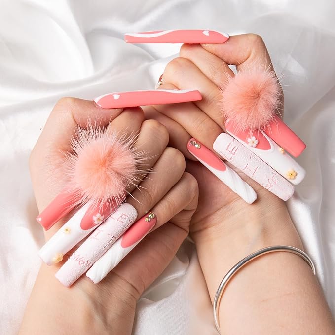 LOVFUL Press on Nails Pom Pom Love | Handmade with Full Covered Crystals | Reusable Fake Nails | Square | H93-S, pink