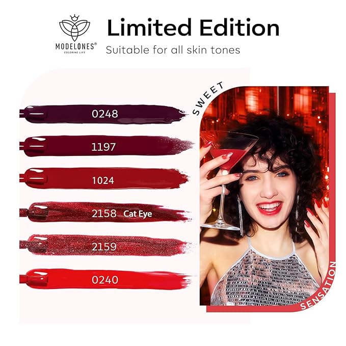 modelones Red Gel Nail Polish Set - 6 Colors 2026 Easter Ruby Glitter Cat Eye Magnetic Gel Polish Burgundy Red Sparkle Bloody Nail Polish Kit Soak Off LED Manicure Nail Art DIY Gift