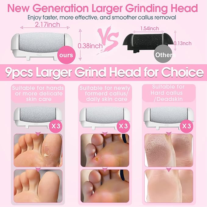 Electric Foot File Callus Remover for Feet - 9pcs Larger Grinding Head&3Speed, Pedicure Kit Foot Scrubber Deadskin Callus Remover, Foot Care Kit Pedicure Tools for Dead Skin Callus Hardskin Dry Cracks