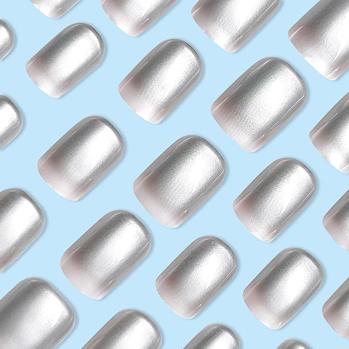 Chrome Press on Nails Short Square MABKJLF Fake Nails White Gradient False Nails with Designs Silver Mirror Full Cover Glossy Glue on Nails Acrylic Nails for Women Girls 24 Pcs