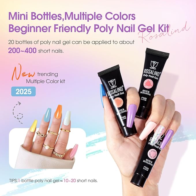 ROSALIND 20 PCS Colors Poly Nail Gel Kit -Neon Poly Nails Gel Kit Starter Kit - Slip Solution Pro Nude Pink Nail Extensions Gel Set With UV Lamp Drill Nail Art Builder Kit