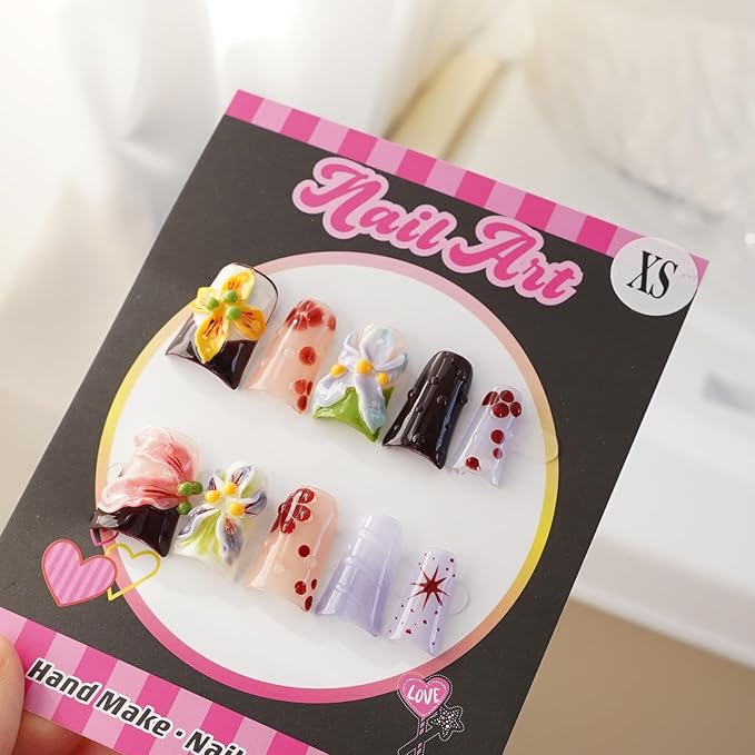 10pcs Handmade Press on Nails for Women - Medium Duck Curve 3D Thick Acrylic Fake Nails Reusable,Designer Floral Butterfly Rhinestones Bling Boho Funky Y2k Nail-art Set,XS,colorful