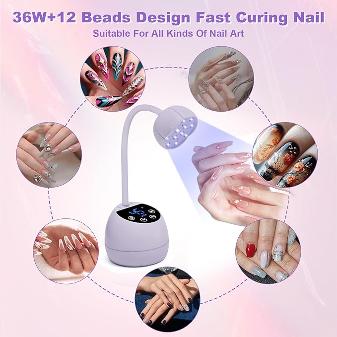 CGBE UV Nail Lamp, Cordless Gooseneck Gel x Lamp, 36W Mini Flash Cure Light, Portable USB LED Nail Light with 4 Timers & Auto Sensor for Salon Home DIY Use, Purple
