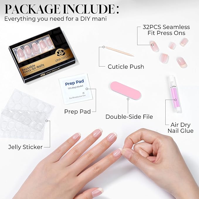 UNA GELLA 32Pcs Soft Gel Press on Nails - 16 Sizes French Tip Short Square Glue on Nails, Reusable Nude Beige False Nails, Full Cover Acrylic Nail Kit for Women DIY Home Manicure