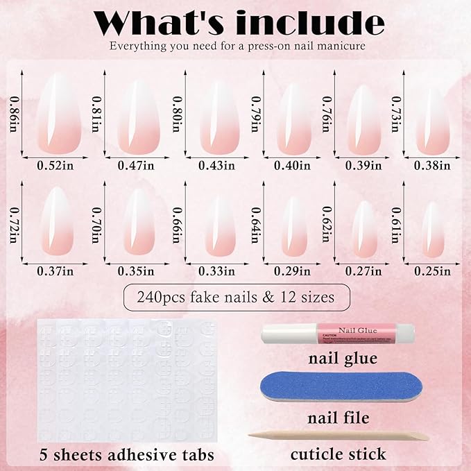 AddFavor 240pc Ombre Almond Press on Nails Medium Fake Nails - Glue on Nails Almond Acrylic Nails Press ons Nail Tips Medium Stick on Nails with Nail Glue and Adhesive Tabs for Women