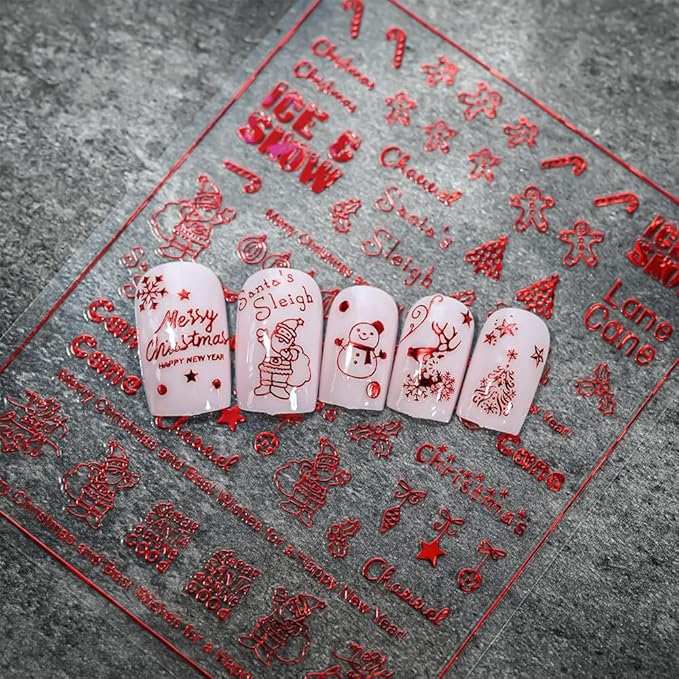 12PCS Christmas Nail Stickers Gold & Red Holographic Nail Art Stickers Festive Reindeer Snowflake Self Adhesive Nail Decals Santa Nail Art Supplies for Women Girls DIY Manicure Nail Art Decorations