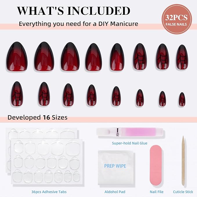 Red Spider Web Cat Eye Press On Nails Short Almond, Glossy Reusable Press On Nails for Women, 32 Count 16 Sizes Nail Kit with Glue (SV-10)