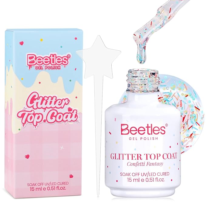 Beetles Glitter Gel Top Coat 15ml – Confetti Fantasy Sparkle Nail Top Coat, Overlay Glitter Effect for Gel Nail Polish, Soak Off UV LED Cured High Shine Long Lasting Spring Nail Art